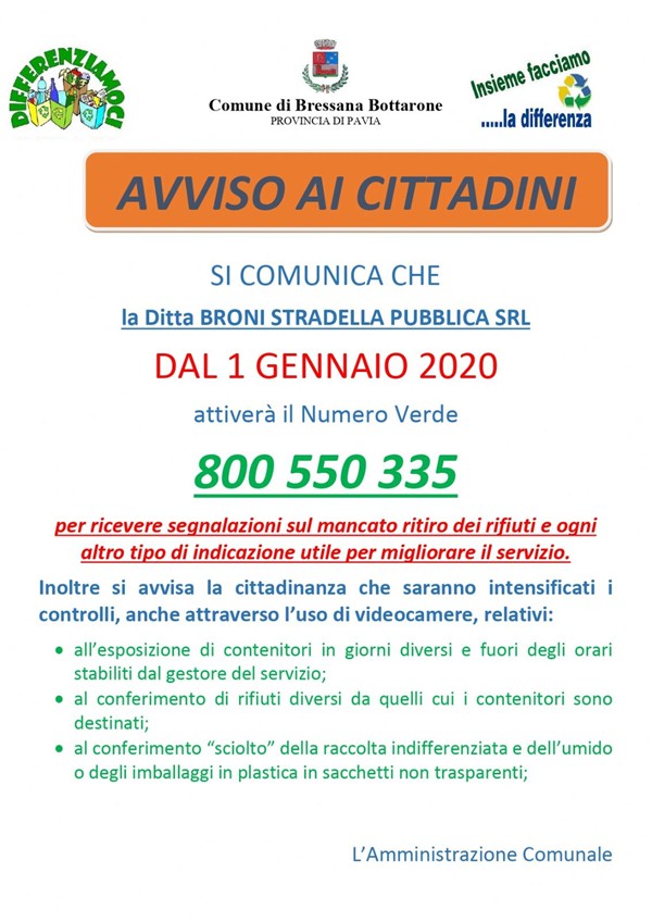AVVISO NUMERO VERDE RACCOLTA RIFIUTI