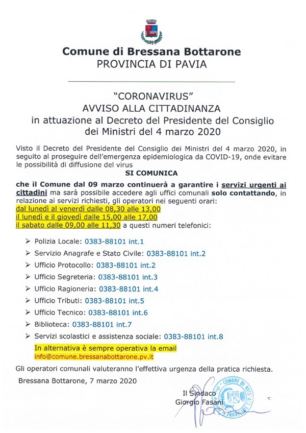 CORONAVIRUS AVVISO ALLA CITTADINANZA MODALITA' ACCESSO SPORTELLI